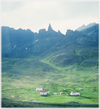 Crags and farmhouses.