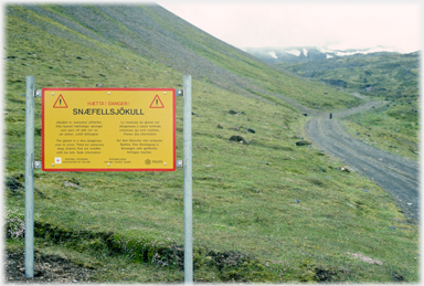 Sign warning of the dangers on the glacier ahead.