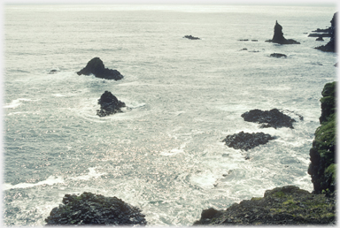 Visitors wwalking along cliffs near the lighthouse.