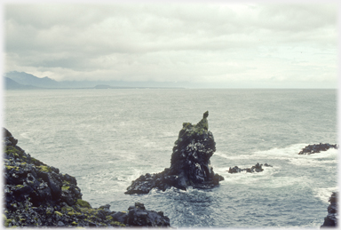 Sea stack, rocks and distant cliffs.
