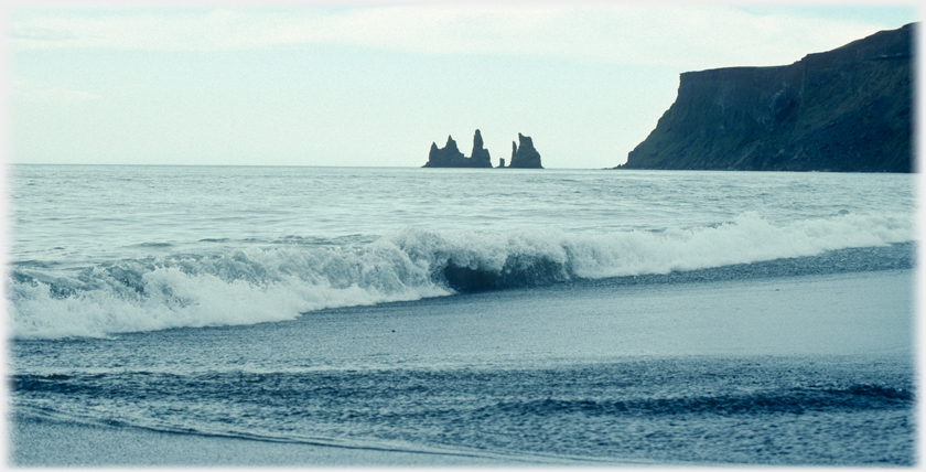 Vik stacks with waves.