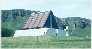 Church and hills.