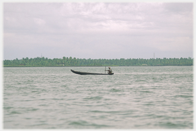 Lagoon with horizon of palms and heavy rain on water.