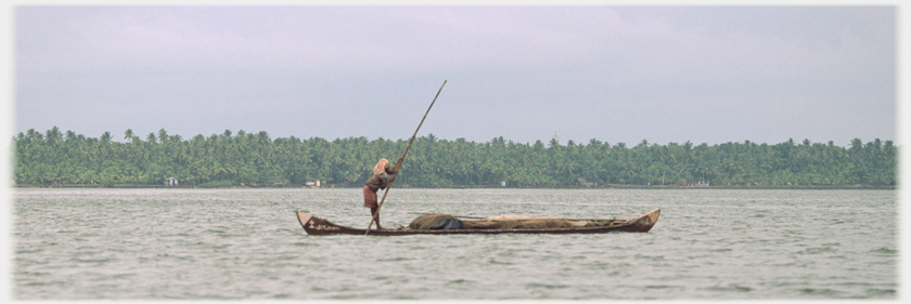 Man punting canoe with low cargo.