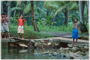 Two boys with fishing rod, two girls waving.