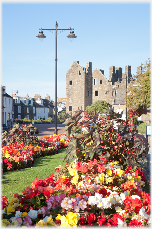 Flower beds and castle.