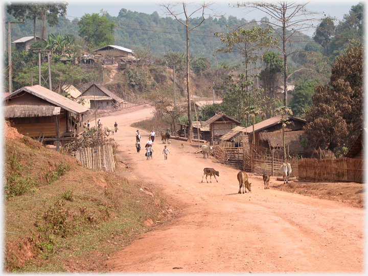 Dirt road through the village of Lak Sao Sy with forests around.