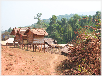 Stilted buildings with houses beyond.