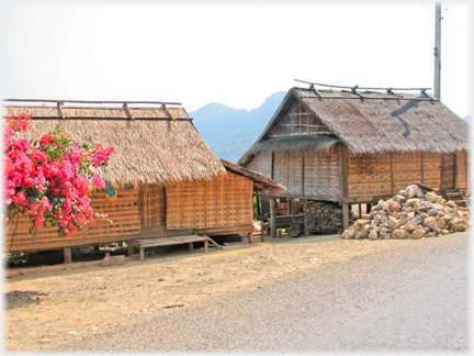 Two houses with differing woven wall patterns.