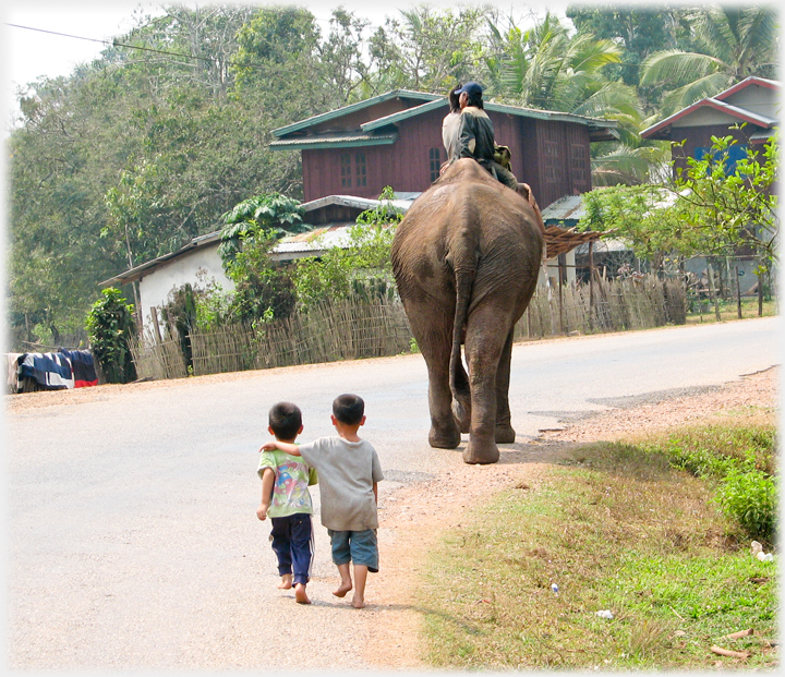 The back of the elephant as it trudges off followed by two very small boys, one with arm on the other's shoulder.