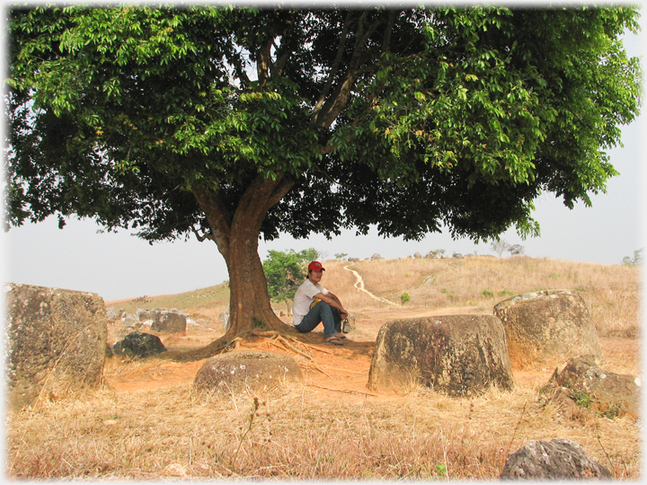 Han sitting under a tree surrounded by Jars.