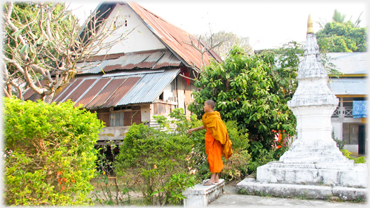 Corrigated iron roof on larger building, stupa and monk nearby.