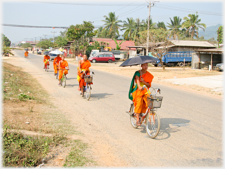 Line of cycling monks on reaod, leader holder an umbrella.