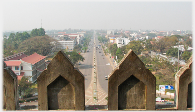 View down the Lang Xang Avenue from the battlements on the Patuxai.