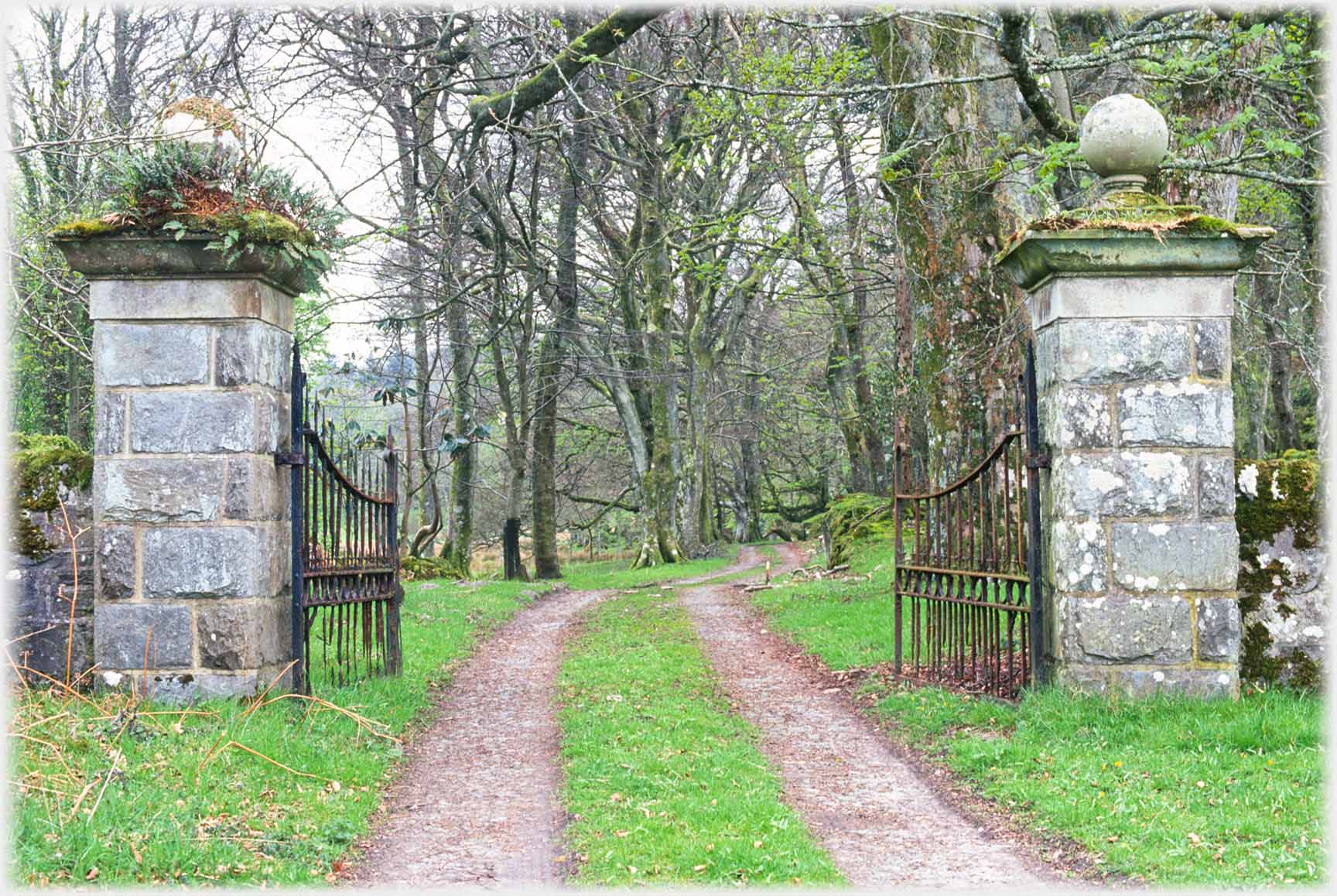 Two gate posts and ageing gates with track.