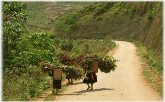 Women walking with bundles.