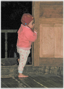 An infant holding a door and looking in.