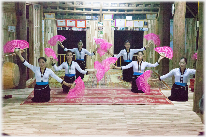 Six women kneeling holding pink fans.