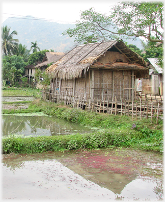 Large thatched hut or house by the water.