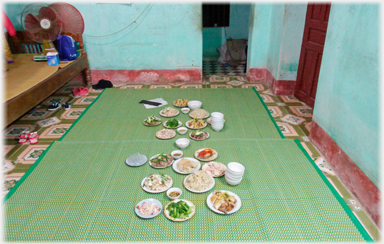 New mats and food laid out.