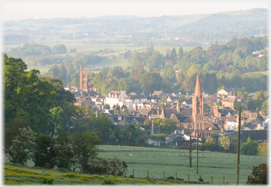 Morning light on Moffat churches.