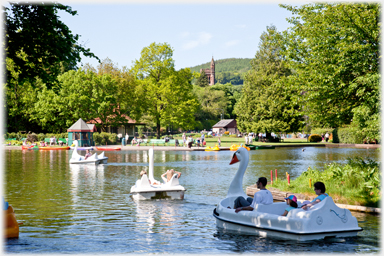 Swan pedalo and church.