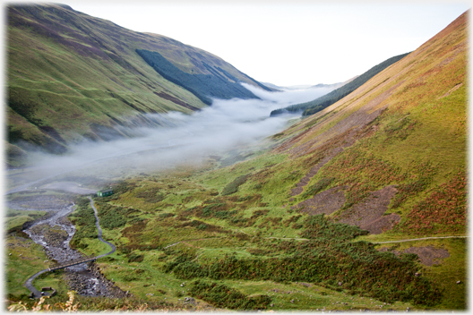 View down the Moffat Water with mist.