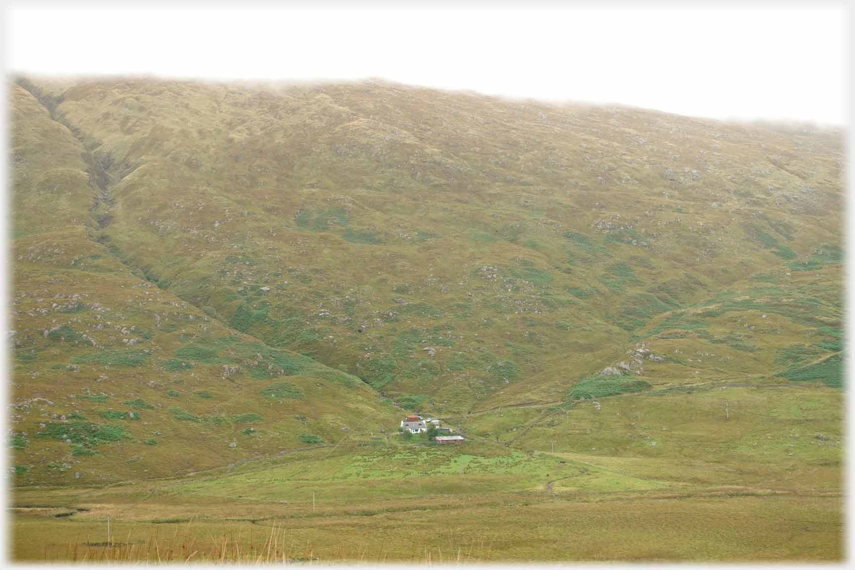 Hillside with folds of land and central house.