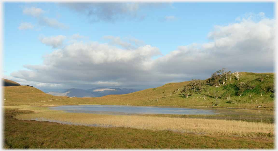 Lochan seen with sun behind, bluff to right.