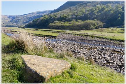 Large flat lichen covered stone with river in background.