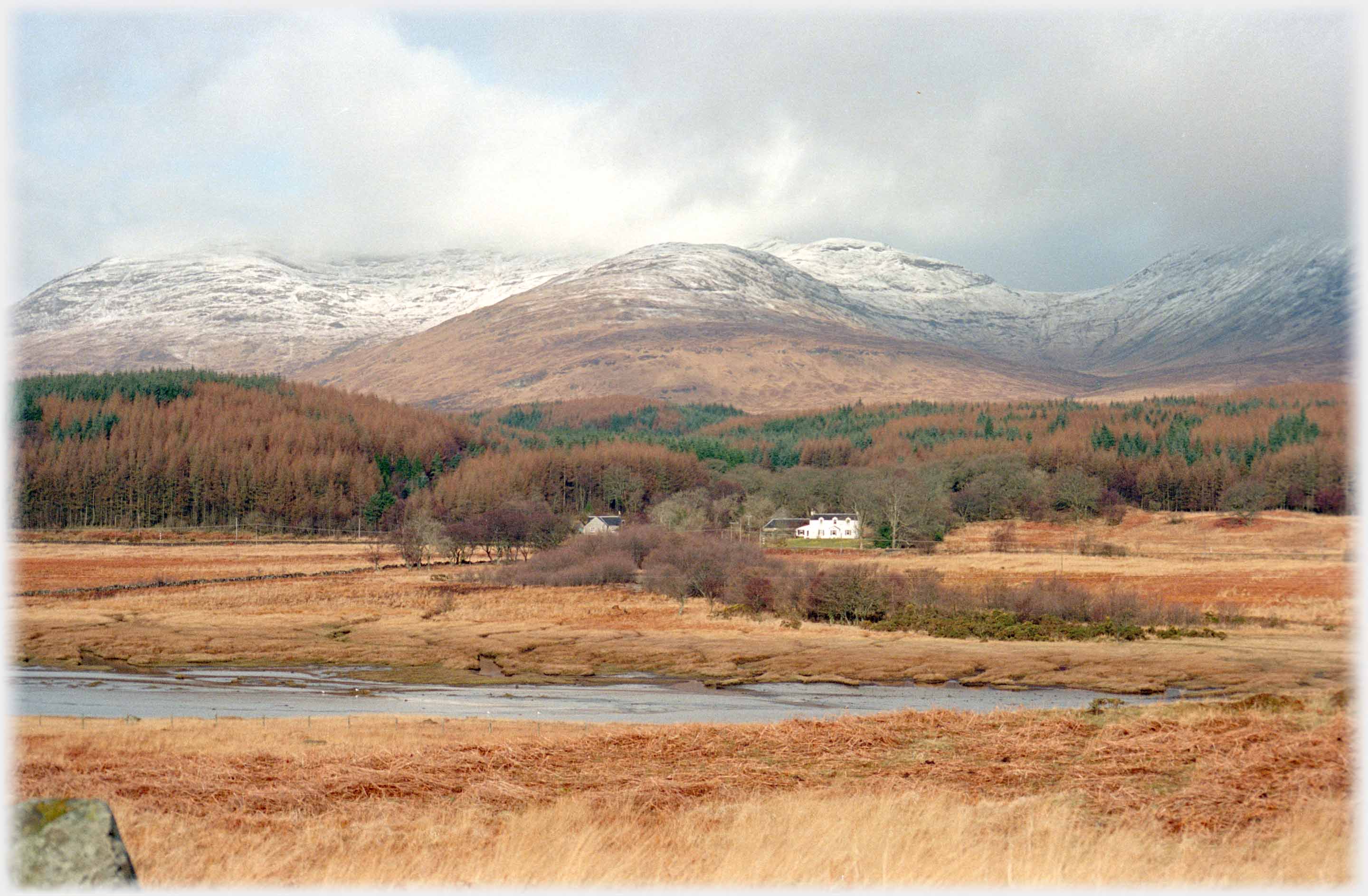 Hills with light snow covering, treed foreground with single house.