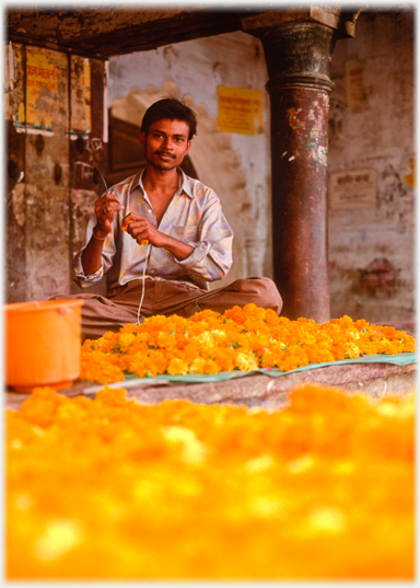 Man making flower garlands.