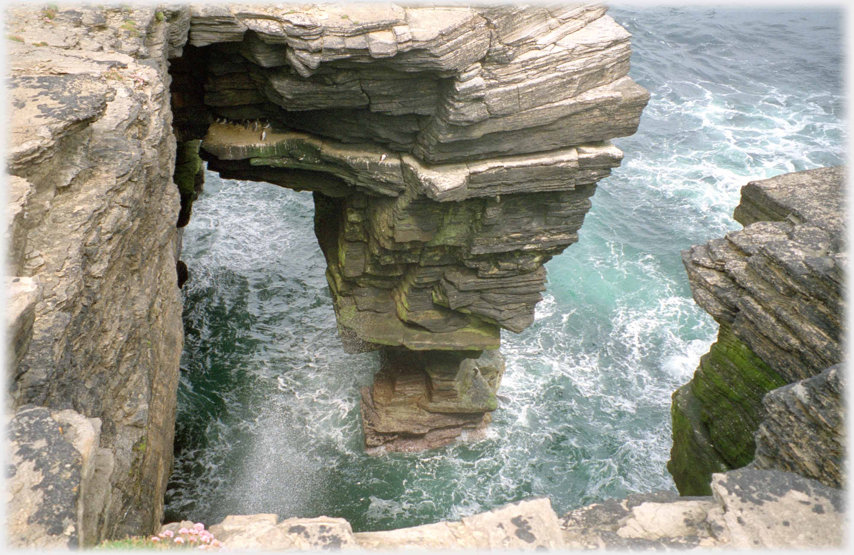 Sea swirling around a stack joined to the cliff top.