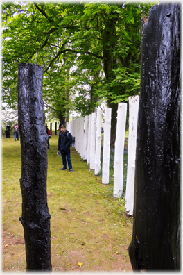 White posts framed by two black ones.