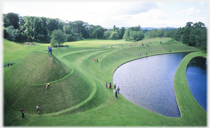 Serpent mound with pond and isthmus.