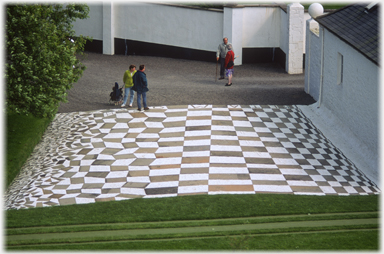 Looking down at the Fractal Terrace by the entrance gate.