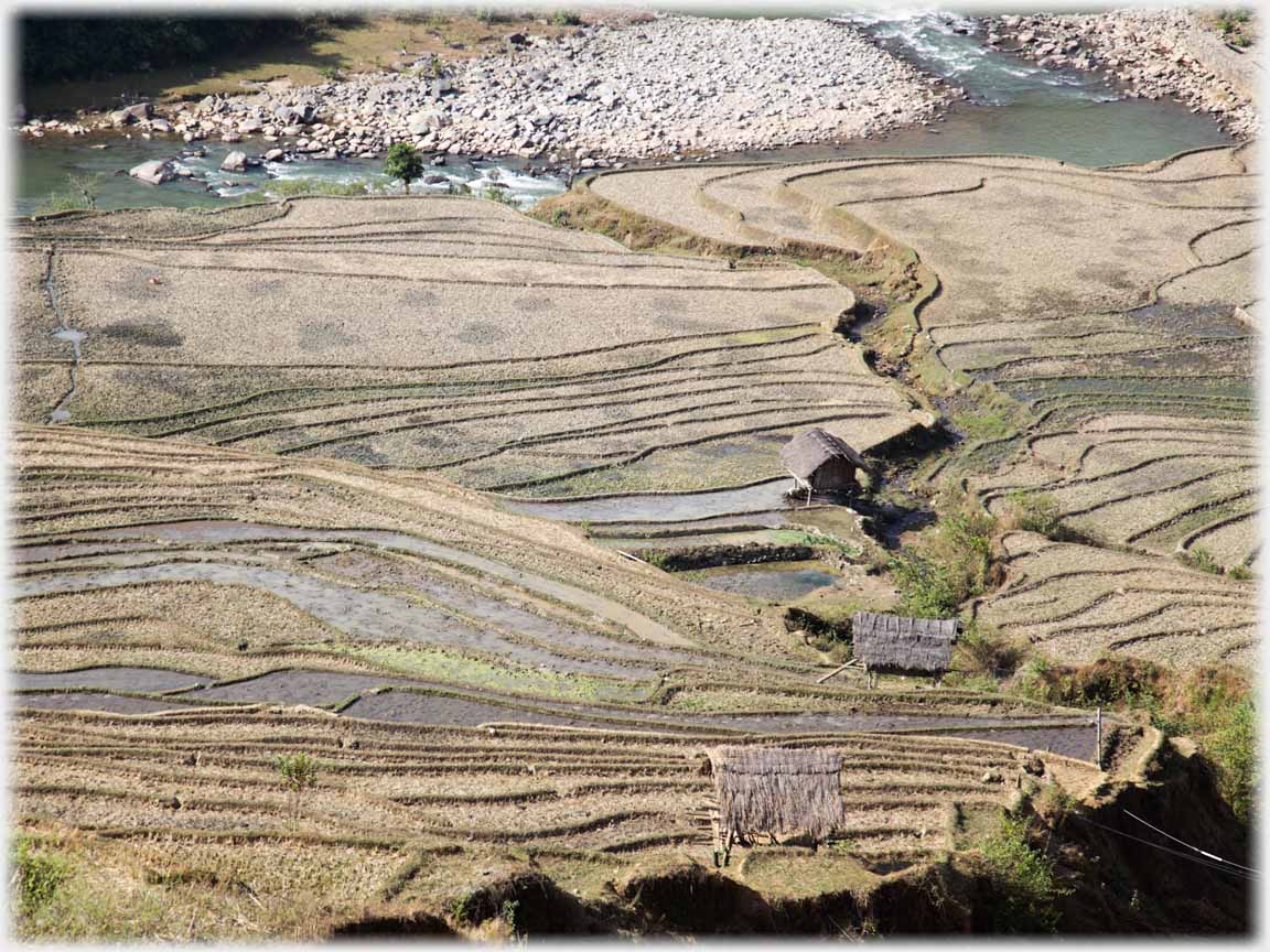 Dry brown terraces leading down to river.