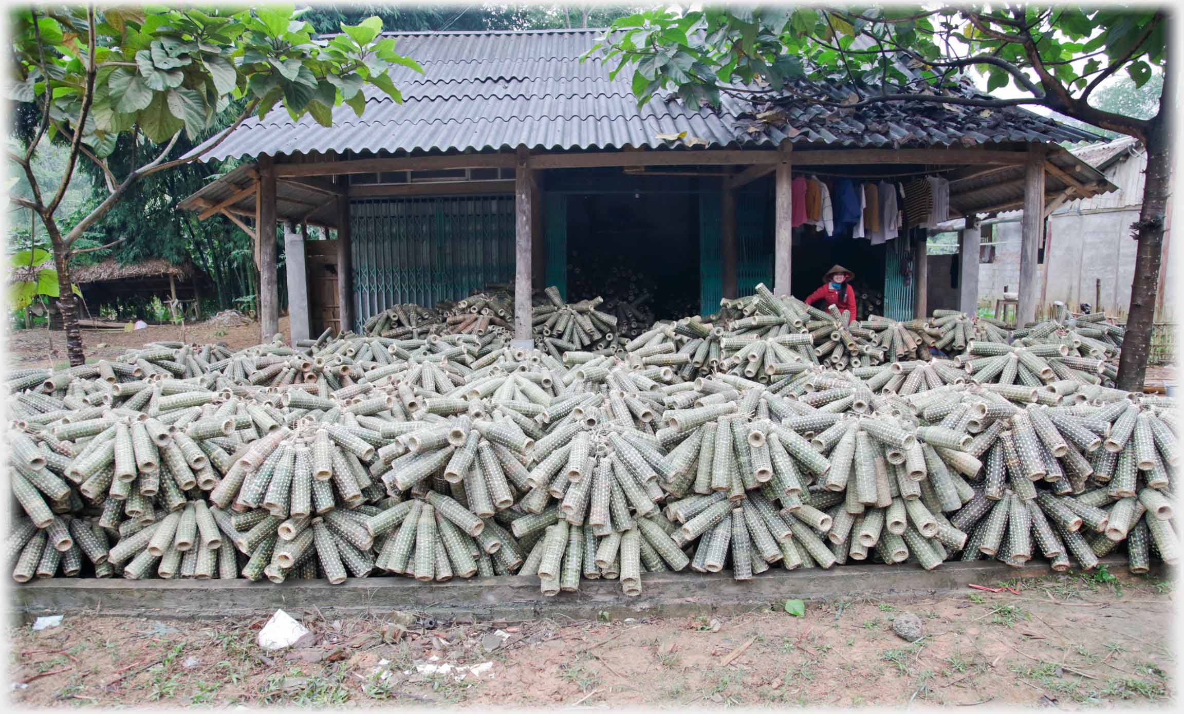 Deep piles of fish traps in bundles in front of shop.