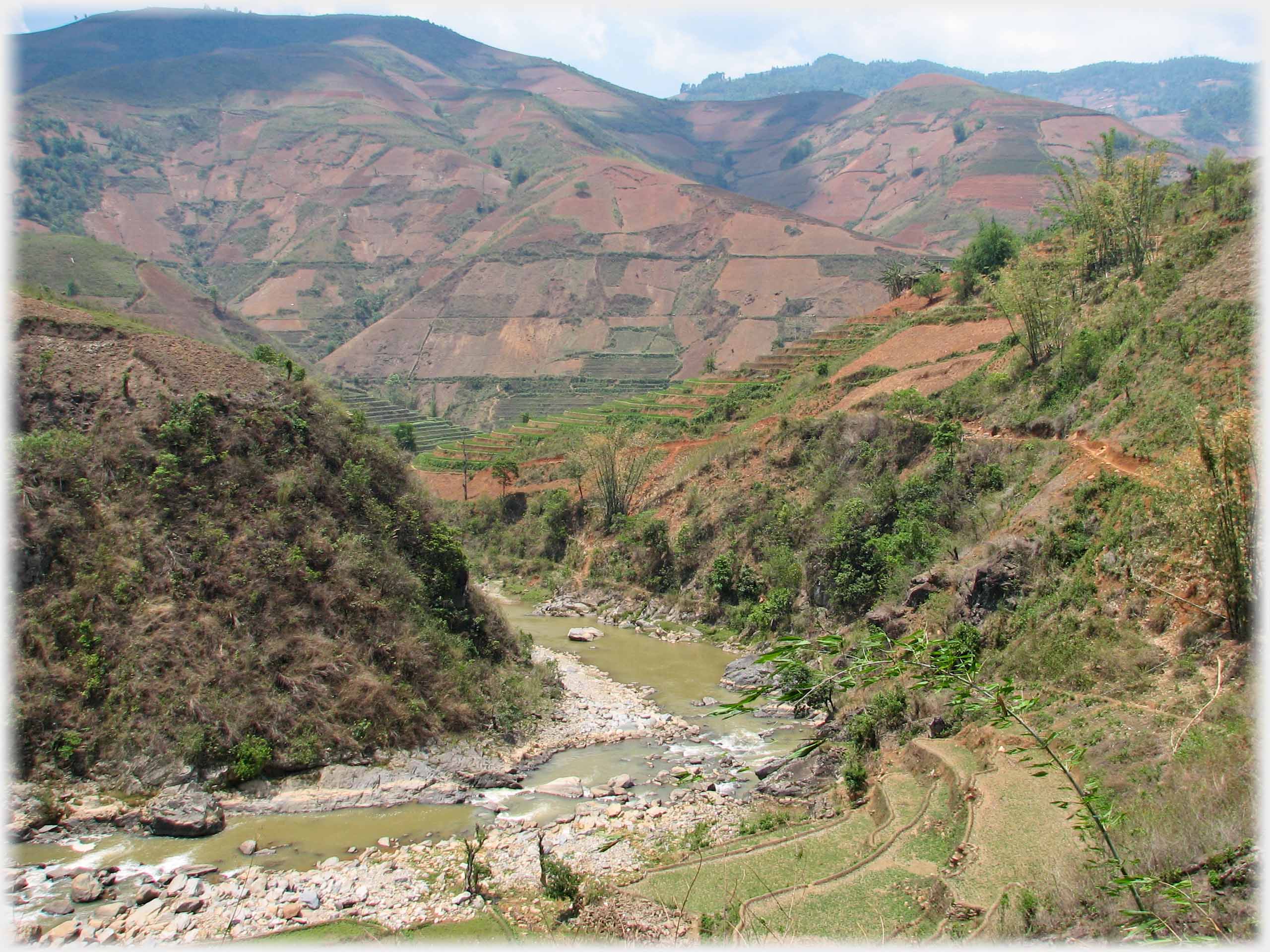 River bending between semi-cultivated banks, towards patched mountainside.