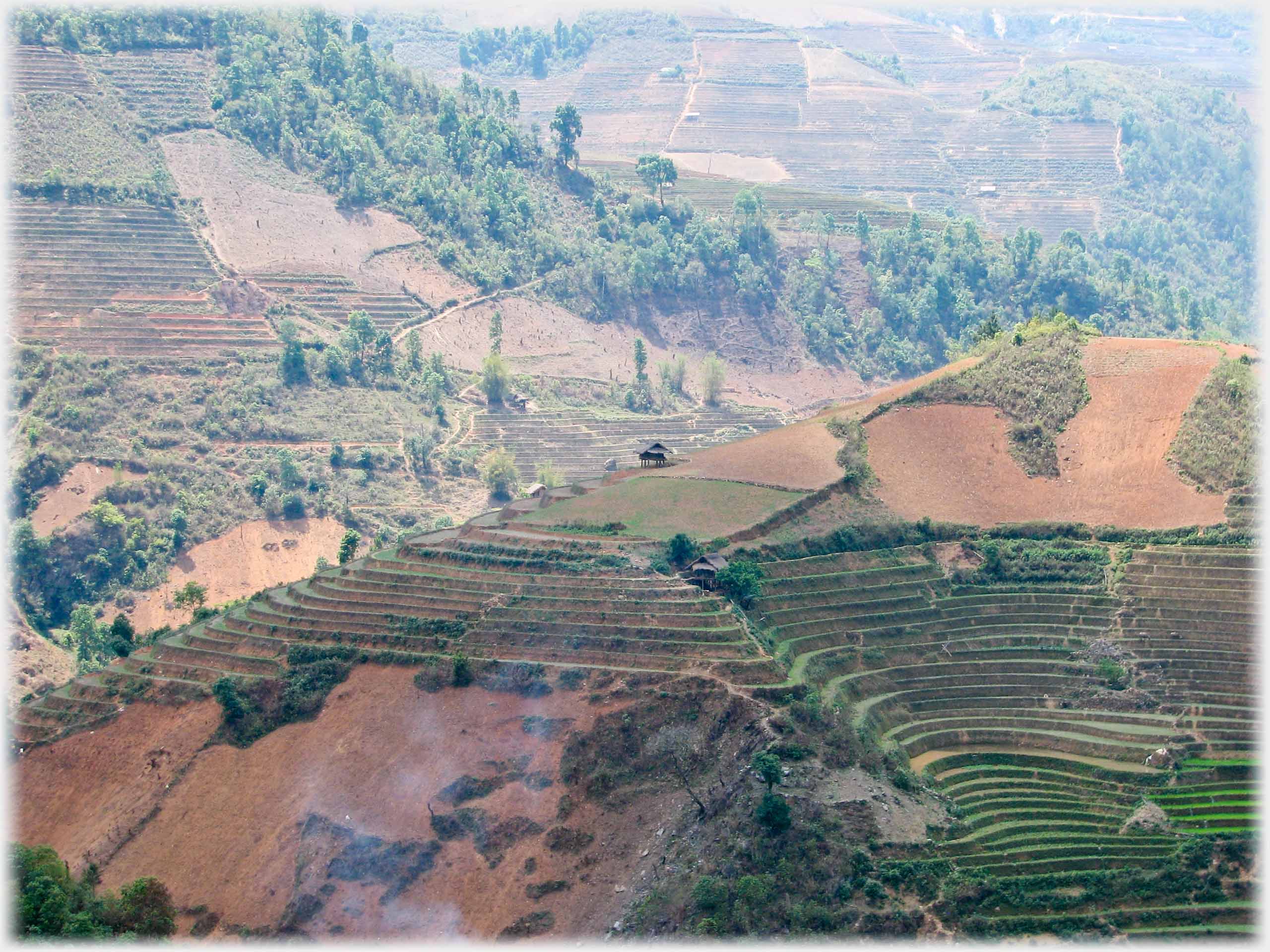 Spur of hill with curved green terracing, mountainside in background.