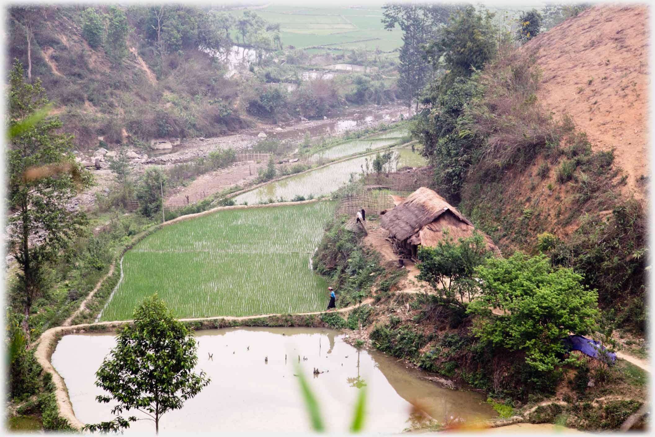 Fields in a river valley with just distinguishable person walking.