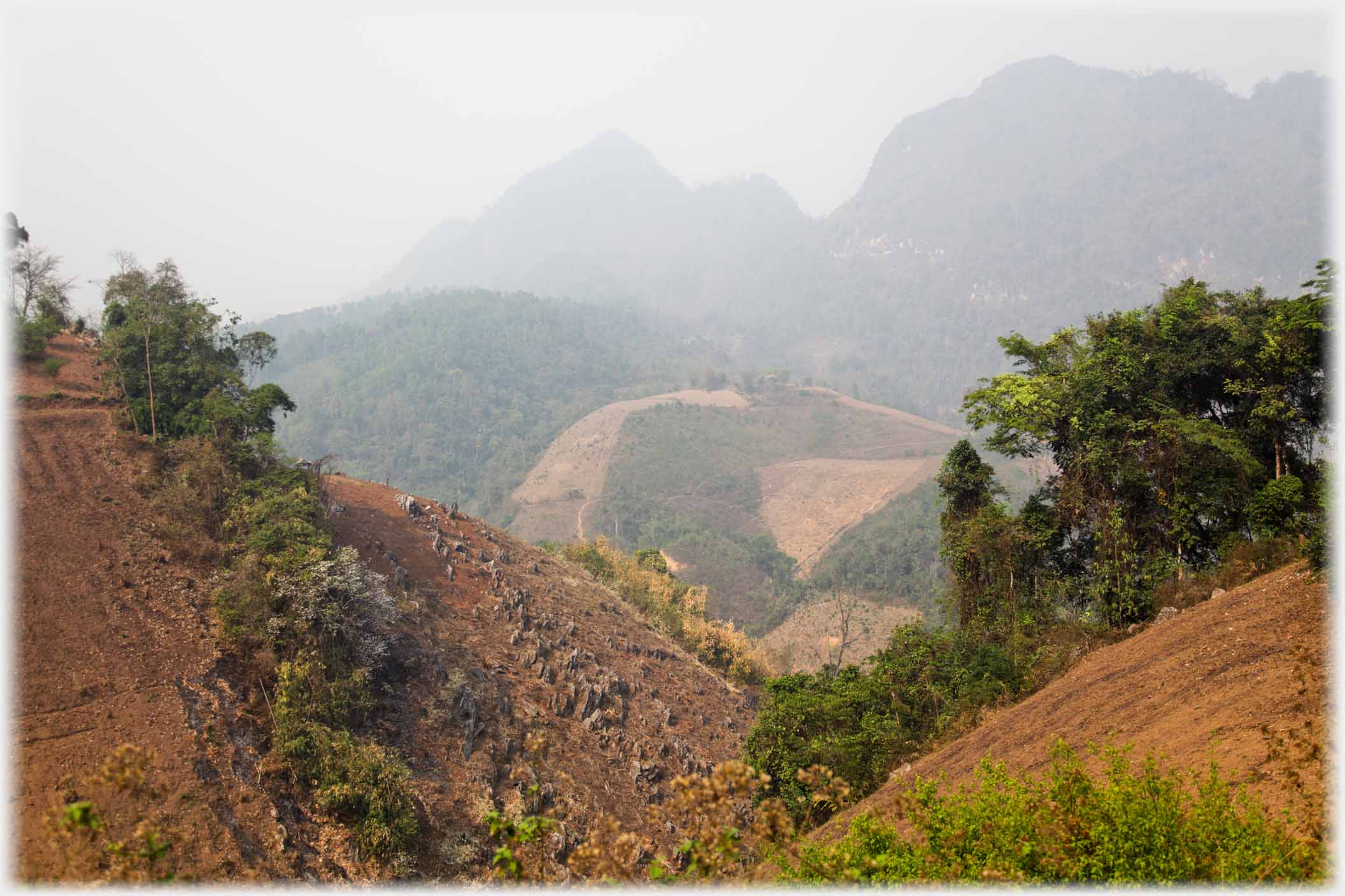 Misty view across patched hills to mountains.