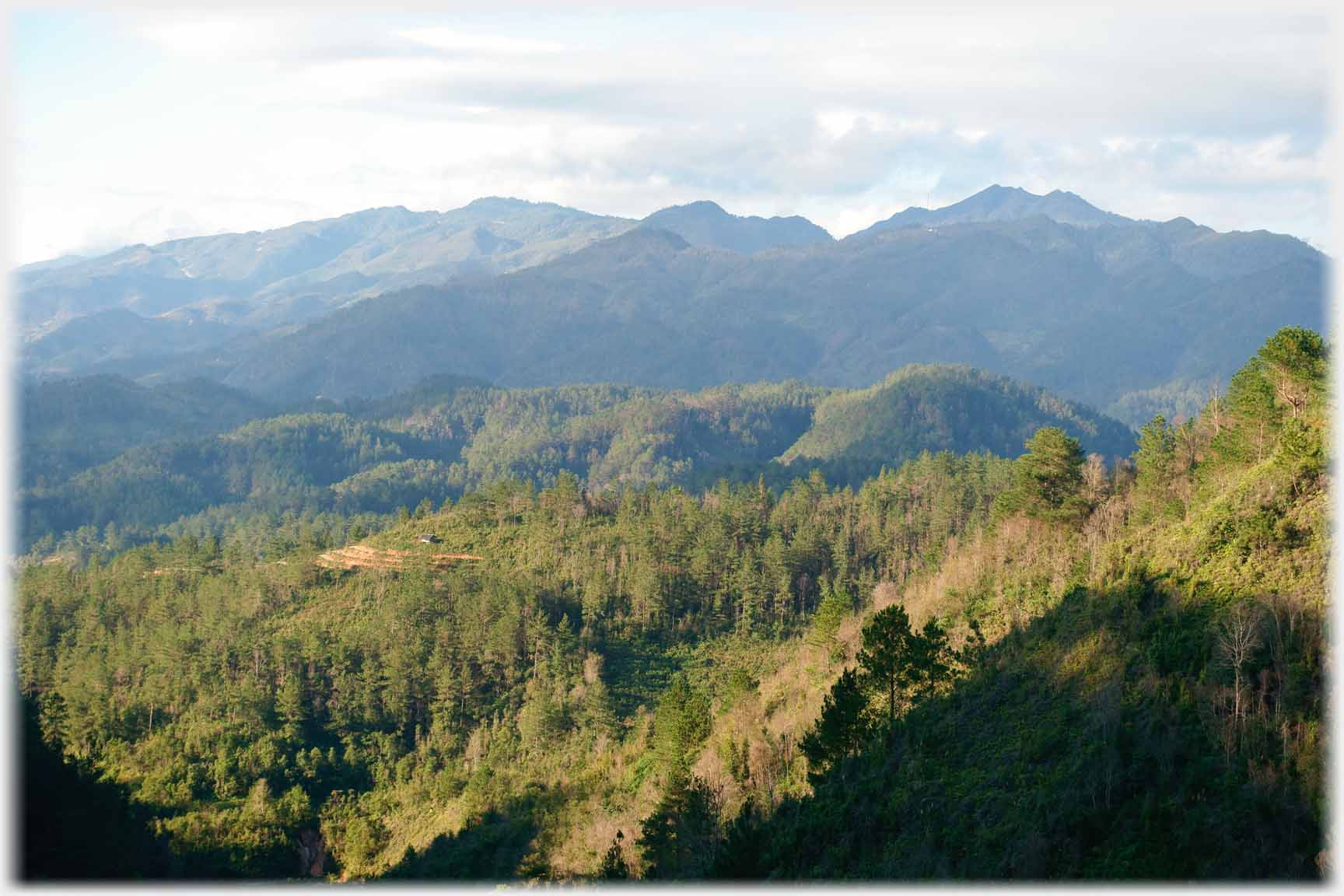 Tree clad hillsiddes running towards mountains.