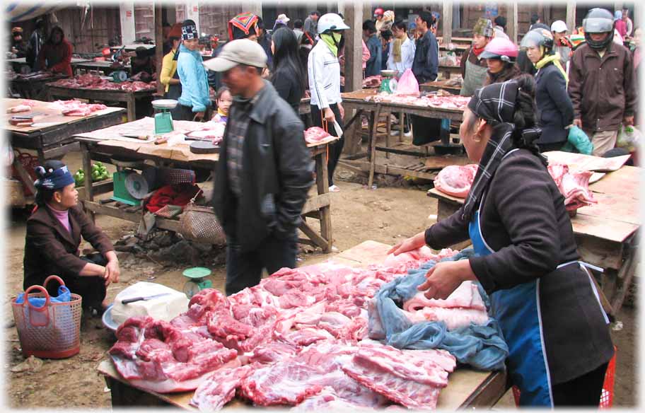 Woman arrangeing meat on stall, other meat stalls in background.