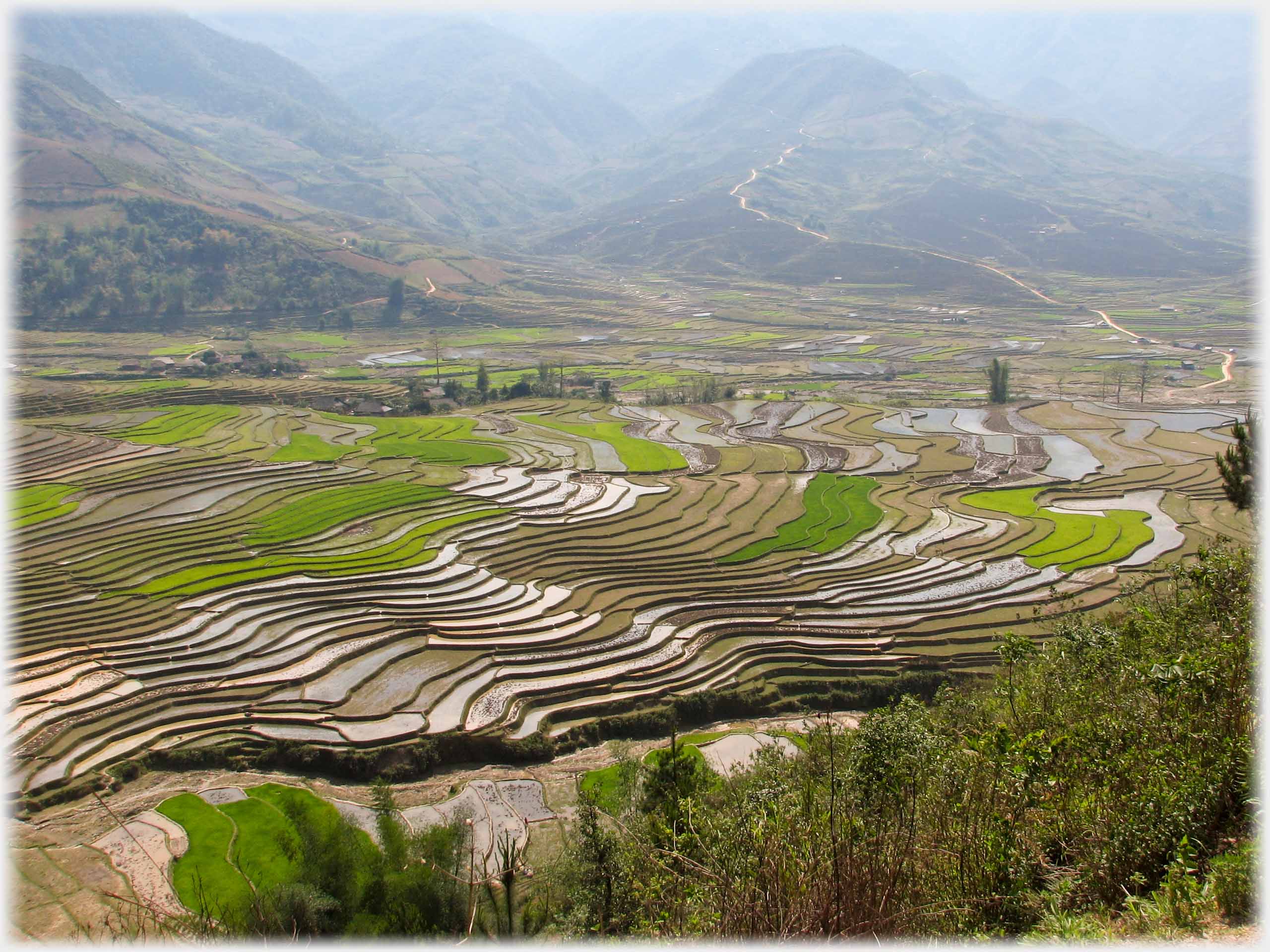 Wide valley with hundreds of fields running towards foothills.