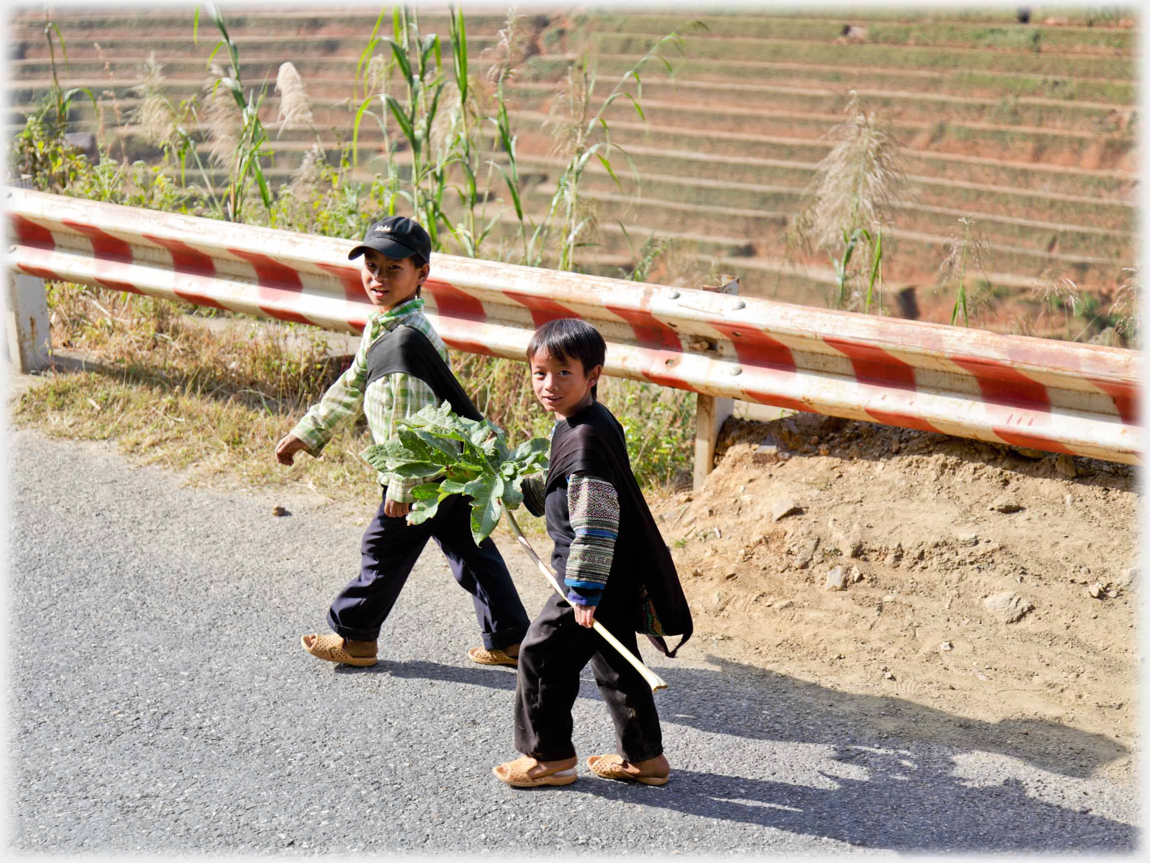 Two boys striding along and smiling at camera.
