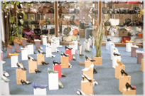 Looking into shop window with shoes individually displayed in many rows.