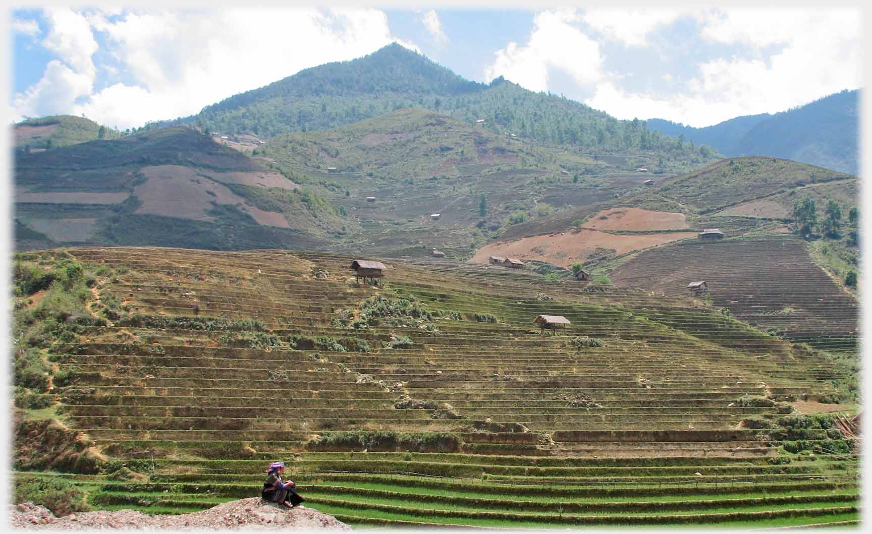 Small figure sitting with expansive terraced landscape beyond.