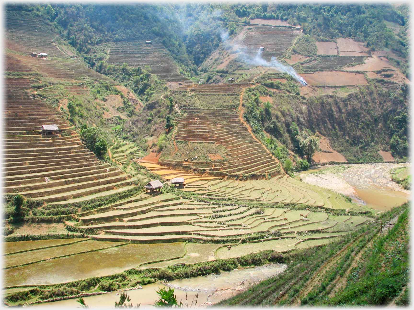 Area of flatter ground at foot of hills with widly spaced terraces by river.