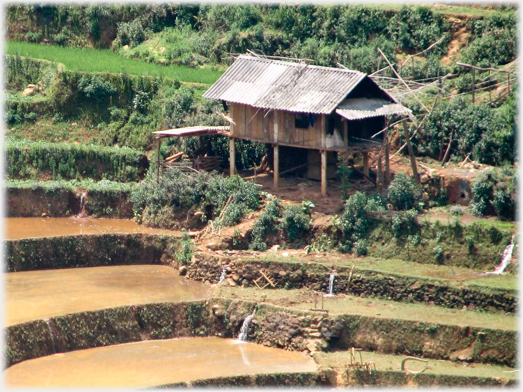 Stilted house on terraces with the spouts of water that drain each level in view.